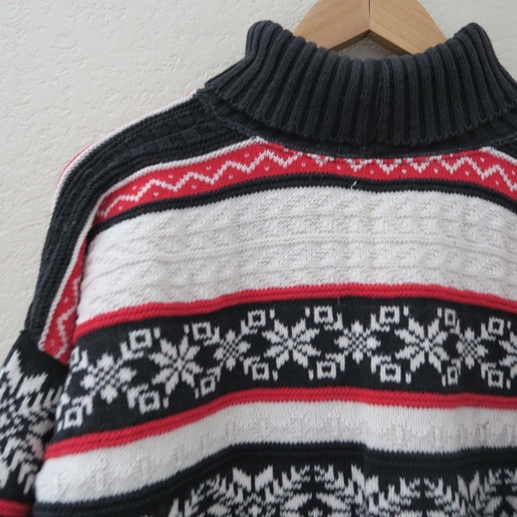 Retro Striped Snowflake Knit‎ Sweater Fair Isle Turtle Neck Snow Layer 80s - Picture 6 of 8